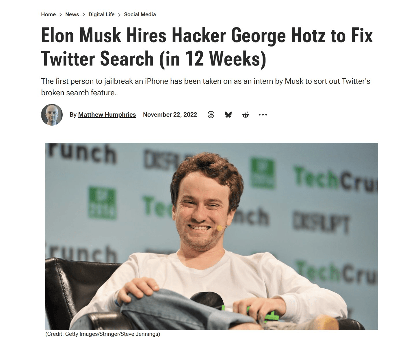 Screenshot of a PCMag headline about Elon Musk hiring George Hotz to fix Twitter search in 12 weeks.