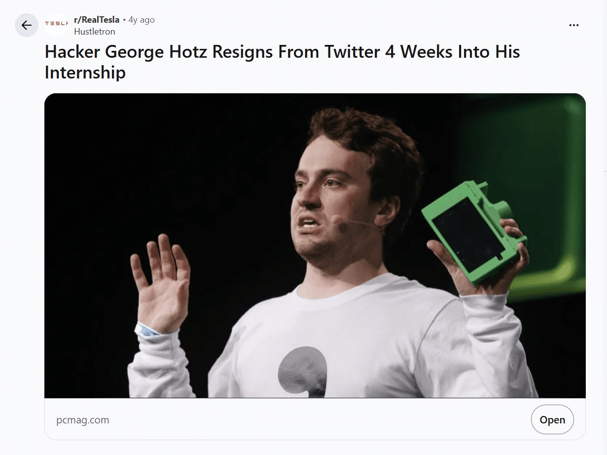 Screenshot of a Reddit post saying George Hotz resigned from Twitter four weeks into his internship.