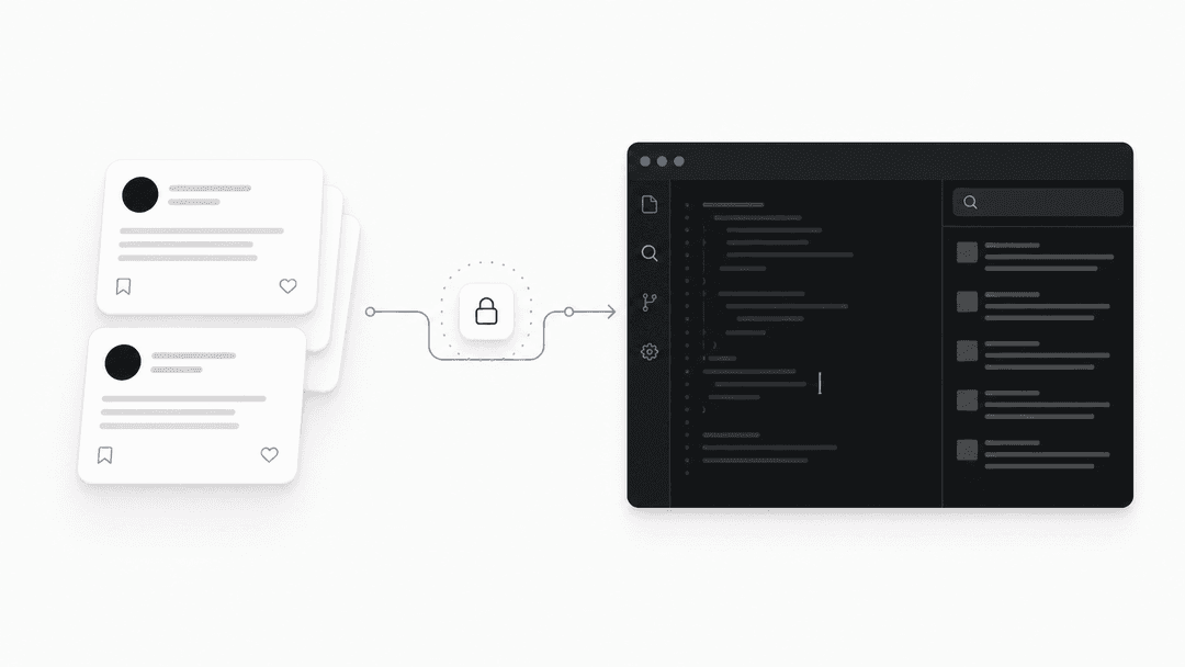Saved X post cards passing through a secure connection into a dark Cursor editor workspace.