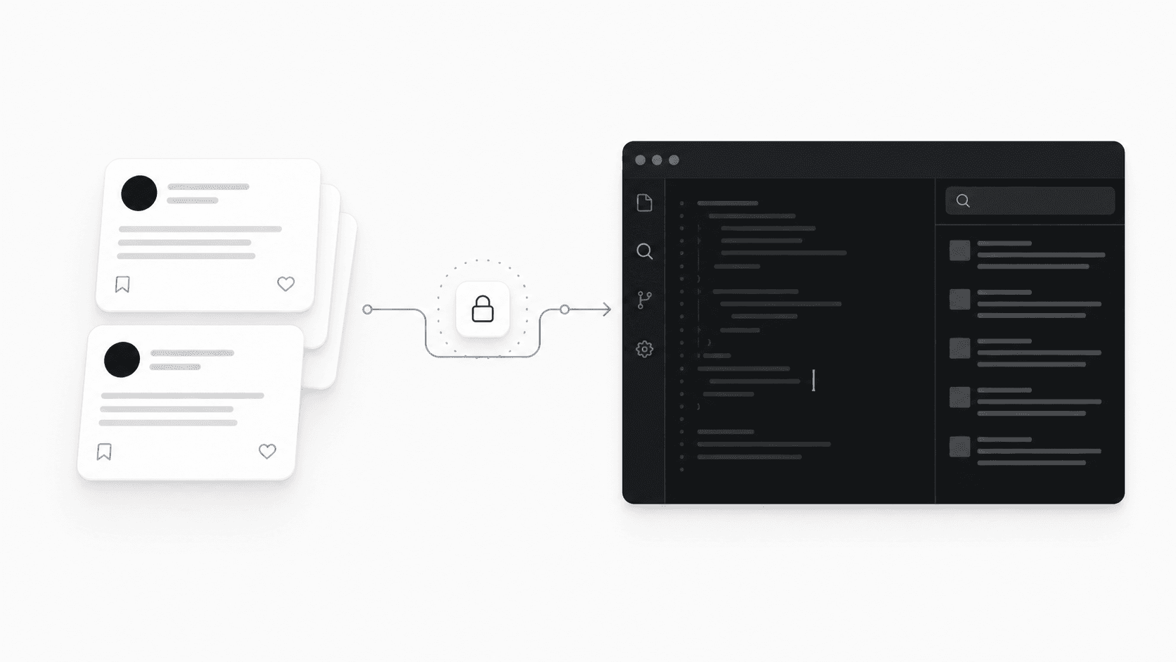 Saved X post cards passing through a secure connection into a dark Cursor editor workspace.